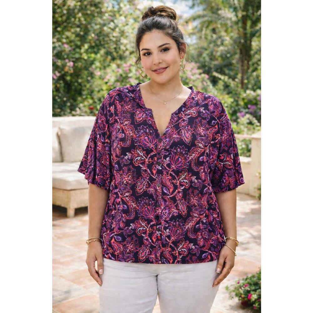Catherines Women’s Pink Black Paisley Button Up Short Sleeve Top, 4X